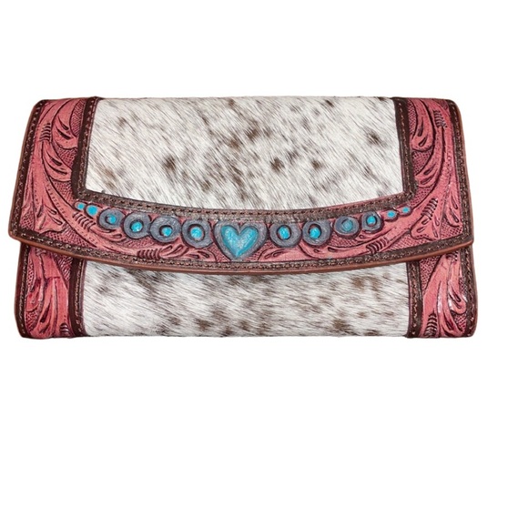 Handbags - Western wallet hand tooled painted leather with fur center. EUC WLT